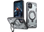 Custodia A Doppio Strato Per Iphone 11/Iphone Xr, Custodia Protettiva Militare Magnetica Con Anello In Metallo E Supporto Grigio