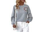 Maglia A Maniche Lunghe Da Donna Autunno/Inverno Con Design A Perle E Petali, Vestibilità Ampia, Top Casual Con Scollo Rotondo, Grigio, Xl