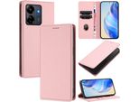 Custodia In Pelle Per Xiaomi Redmi 13C/Poco C65/Poco M6 5G, Pelle Litschi, Custodia A Portafoglio Con Slot Per Carte E Supporto Rosa