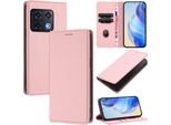 Custodia In Pelle Per Oneplus 10 Pro, Pelle Litschi, Custodia A Portafoglio Con Slot Per Carte E Supporto Rosa