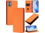 Custodia In Pelle Per Motorola Moto E22/Moto E22I, Pelle Litschi, Custodia A Portafoglio Con Slot Per Carte E Supporto Arancione