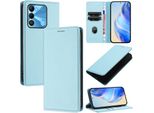 Custodia In Pelle Per Tecno Spark Go 2022/Spark 8C/Spark 9, Pelle Litschi, Custodia A Portafoglio Con Slot Per Carte E Supporto Blu Chiaro