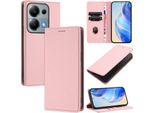 Custodia In Pelle Per Xiaomi Poco M6 Pro 4G/Redmi Note 13 Pro 4G, Pelle Litschi, Custodia A Portafoglio Con Slot Per Carte E Supporto Rosa