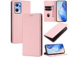 Custodia In Pelle Per Oppo Find X5 Lite/Reno7 5G, Pelle Litschi, Custodia A Portafoglio Con Slot Per Carte E Supporto Rosa