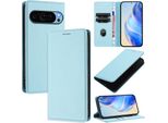 Custodia In Pelle Per Google Pixel 9 Pro Xl, Pelle Litschi, Custodia A Portafoglio Con Slot Per Carte E Supporto Azzurro