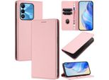 Custodia In Pelle Per Tecno Spark Go 2022/Spark 8C/Spark 9, Pelle Litschi, Custodia A Portafoglio Con Slot Per Carte E Supporto Rosa