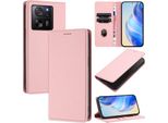 Custodia In Pelle Per Xiaomi 13T / 13T Pro, Pelle Litschi, Custodia A Portafoglio Con Slot Per Carte E Supporto Rosa