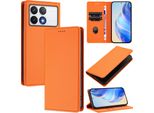 Custodia In Pelle Per Xiaomi Poco F6 Pro/Redmi K70/K70 Pro, Pelle Litschi, Custodia A Portafoglio Con Slot Per Carte E Supporto Arancione