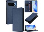 Custodia In Pelle Per Google Pixel 10 / Pixel 10 Pro, Pelle Litschi, Custodia A Portafoglio Con Slot Per Carte E Supporto Blu