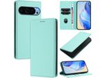 Custodia In Pelle Per Google Pixel 10 / Pixel 10 Pro, Pelle Litschi, Custodia A Portafoglio Con Slot Per Carte E Supporto Turchese