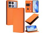 Custodia In Pelle Per Xiaomi Redmi K70 Ultra, Pelle Litschi, Custodia A Portafoglio Con Slot Per Carte E Supporto Arancione