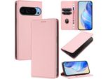 Custodia In Pelle Per Google Pixel 10 Pro Xl, Pelle Litschi, Custodia A Portafoglio Con Slot Per Carte E Supporto Rosa