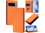 Custodia In Pelle Per Google Pixel 10 Pro Xl, Pelle Litschi, Custodia A Portafoglio Con Slot Per Carte E Supporto Arancione