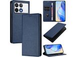 Custodia In Pelle Per Xiaomi Poco F6 Pro/Redmi K70/K70 Pro, Pelle Litschi, Custodia A Portafoglio Con Slot Per Carte E Supporto Blu