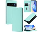 Custodia In Pelle Per Google Pixel 6 Pro, Pelle Litschi, Custodia A Portafoglio Con Slot Per Carte E Supporto Turchese