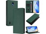 Custodia In Pelle Per Nokia C01 Plus/Nokia C1 2Nd Edition, Pelle Litschi, Custodia A Portafoglio Con Slot Per Carte E Supporto Verde