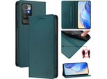 Custodia In Pelle Per Xiaomi Redmi 10, Flip Case Con Slot Per Carte, Portafoglio E Supporto Verde Scuro