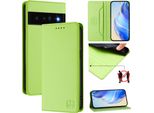 Custodia In Pelle Per Google Pixel 6 Pro, Flip Case Con Slot Per Carte, Portafoglio E Supporto Verde