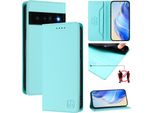 Custodia In Pelle Per Google Pixel 6 Pro, Flip Case Con Slot Per Carte, Portafoglio E Supporto Turchese