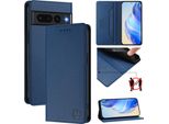 Custodia In Pelle Per Google Pixel 7 Pro, Flip Case Con Slot Per Carte, Portafoglio E Supporto Blu