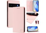 Custodia In Pelle Per Google Pixel 6 Pro, Flip Case Con Slot Per Carte, Portafoglio E Supporto Rosa