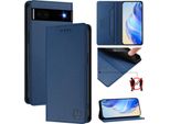Custodia In Pelle Per Google Pixel 6A, Flip Case Con Slot Per Carte, Portafoglio E Supporto Blu