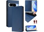 Custodia In Pelle Per Google Pixel 8 Pro, Flip Case Con Slot Per Carte, Portafoglio E Supporto Blu