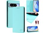 Custodia In Pelle Per Google Pixel 8 Pro, Flip Case Con Slot Per Carte, Portafoglio E Supporto Turchese