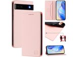 Custodia In Pelle Per Google Pixel 6A, Flip Case Con Slot Per Carte, Portafoglio E Supporto Rosa
