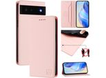 Custodia In Pelle Per Google Pixel 6, Flip Case Con Slot Per Carte, Portafoglio E Supporto Rosa