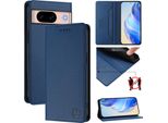 Custodia In Pelle Per Google Pixel 8A, Flip Case Con Slot Per Carte, Portafoglio E Supporto Blu