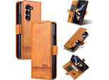 Custodia In Pelle Per Samsung Galaxy Z Fold5, Custodia Pieghevole A Portafoglio Con Chiusura Magnetica E Supporto Giallo