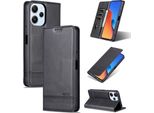 Custodia In Pelle Per Xiaomi Redmi 12 4G, Custodia Pieghevole A Portafoglio Con Chiusura Magnetica E Supporto Nero