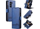 Custodia In Pelle Per Samsung Galaxy Z Fold5, Custodia Pieghevole A Portafoglio Con Chiusura Magnetica E Supporto Blu