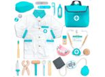 Umu® Valigetta Del Medico Per Bambini In Legno 20 Pezzi - Camice Medico, Stetoscopio, Accessori Dentali, Per Bambini Da 2, 3, 4 E 5 Anni - Turchese