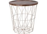 2.03 Tavolino In Metallo Con Piano Decorativo In Legno - Circa 37 X Ø 39 Cm - Struttura Color Crema