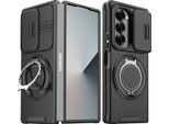 Custodia A Doppio Strato Per Samsung Galaxy Z Fold6, Con Copertura Scorrevole Per La Fotocamera E Supporto Magnetico Ad Anello Nero