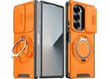 Custodia A Doppio Strato Per Samsung Galaxy Z Fold6, Con Copertura Scorrevole Della Fotocamera E Supporto Ad Anello Magnetico Arancione