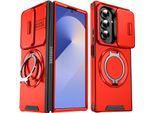 Custodia A Doppio Strato Per Samsung Galaxy Z Fold7, Con Copertura Scorrevole Della Fotocamera E Supporto Ad Anello Magnetico Rosso
