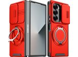 Custodia A Doppio Strato Per Samsung Galaxy Z Fold6, Con Copertura Scorrevole Della Fotocamera E Supporto Ad Anello Magnetico Rosso