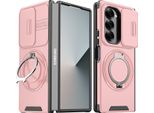Custodia A Doppio Strato Per Samsung Galaxy Z Fold6, Con Copertura Scorrevole Della Fotocamera E Supporto Ad Anello Magnetico Rosa