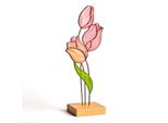 Tulipano Avalglass In Vetro Colorato, Rosa, 27 Cm, Fatto A Mano, Decorazione Da Tavolo Con Base In Legno Di Quercia
