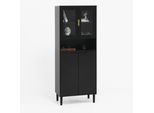 Libreria Alta Con Anta In Vetro Temperato E Piano Regolabile, 4 Ante, Mobile In Mdf Laccato, Nero, Contenitore Per Soggiorno