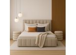Letto Imbottito 140X200 Tessuto Boucle Beige Con Rete A Doghe In Legno E Contenitore