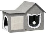 Pawhut Grotta Per Gatti, Casa Per Gatti Con Superficie Per Graffiare, Rifugio Per Gatti Con Doppia Porta, Grotta Per Gatti Con Cuscino, Letto Per Gatti Con Palla Da Gioco, Poliestere, Grigio, 65 X 41 X 45,5 Cm