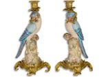 Casa Padrino Set Di Candelieri Art Nouveau Pappagalli Blu / Rosa / Multicolore / Oro 15,3 X 15,9 X H. 36,3 Cm - Candeliere In Porcellana - Accessori Barocco E Art Nouveau Deco