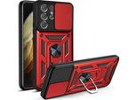 Galaxy S21 Ultra 5G Custodia Con Anello Magnetico Girevole A 360° Supporto Per Fotocamera Slide Protection Custodia Protettiva In Silicone Tpu Bumper Per Samsung Galaxy S21 Ultra 5G Rosso