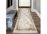 Tappeto Astratto In Lana Decorato Con Frange In Marrone Dimensioni - 80 X 300 Cm