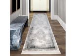 Tappeto Astratto In Lana Grigio Decorato Con Frange Dimensioni - 80 X 300 Cm