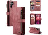Galaxy S22 Ultra 5G Custodia Per Telefono Cellulare, Chiusura A Zip Custodia In Finto Cuoio Flip Cover Chiusura Magnetica Porta Carte Funzione Stand Portafoglio Custodia Protettiva Per Samsung Galaxy S22 Ultra 5G Rosso